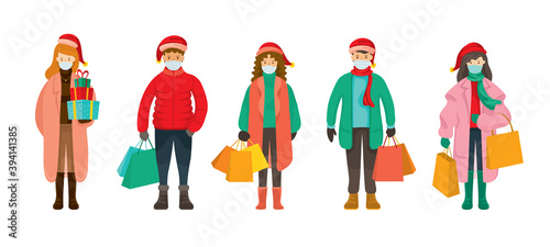 People in Winter Clothes wearing Face Mask, Christmas Shopping Concept