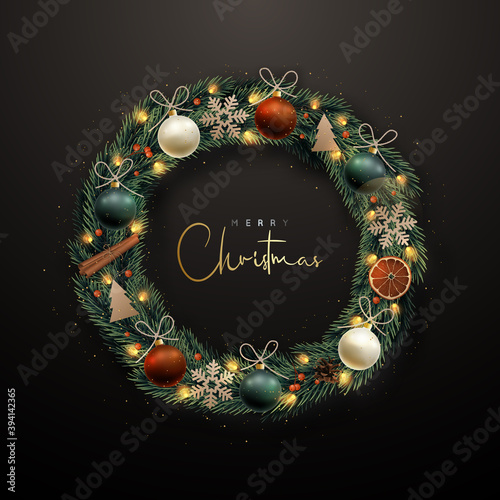 Decorative Christmas wreath with fir tree branches, golden snowflakes, shiny baubles, berries and glowing garland on dark background. Merry Christmas and Happy New Year. Stock vector illustration.