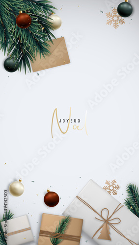Christmas vertical template with gift boxes, fir tree branches, shiny balls and golden snowflakes. Festive banner for social media, flyers and promo designs. Jeux noel - Merry Christmas from french.