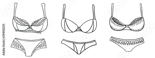 Set of female swimsuits. Outlines vector elements for design. Doodle style.