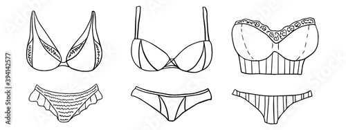 Collection of sketches of women's underwear. Outlines of vector elements for design. Doodle style.