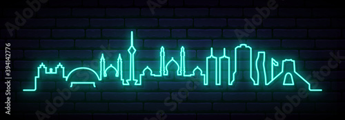Blue neon skyline of Tehran. Bright Tehran City long banner. Vector illustration.