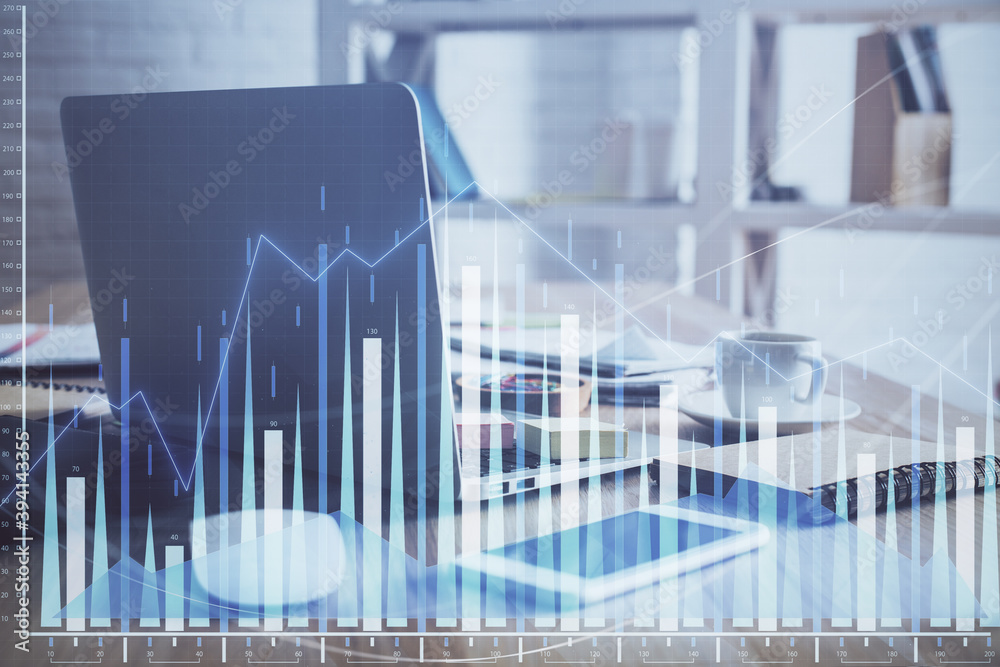 Stock market graph and table with computer background. Multi exposure. Concept of financial analysis. Stock market graph and table with computer background. Multi exposure. Concept of financial analysis.