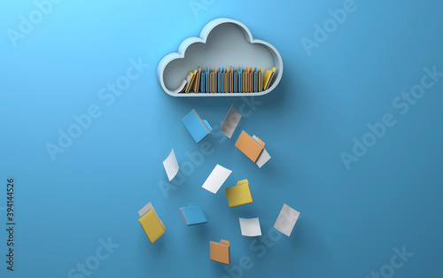 Access to cloud storage. The cloud from which files and folders drop. Blue background. 3d render photo