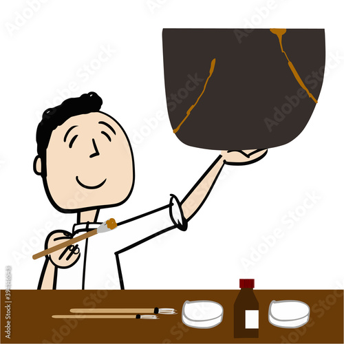 A young man with a brush that looks happy with Kintsugi