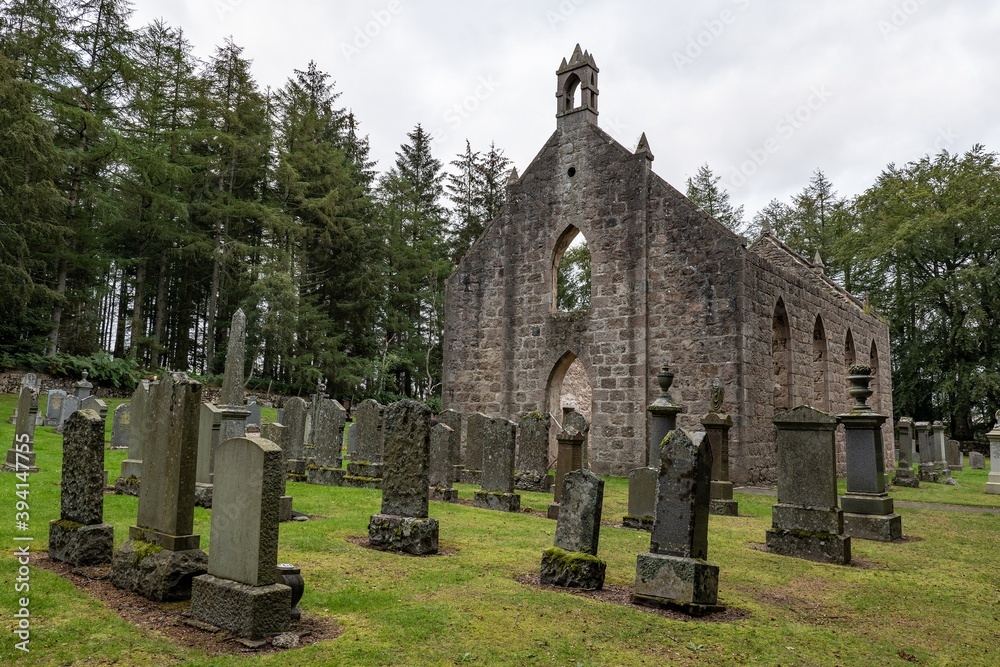 Ruins of a church at Blairdaff Burial Grounds, Scotland with grey sky