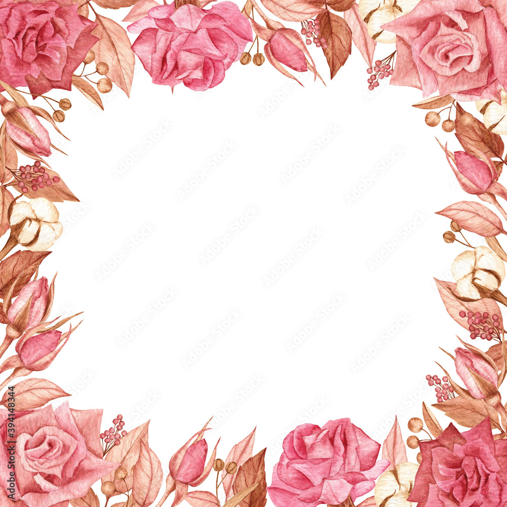 Square Frame With Roses Square frame of roses, leaves and cotton flowers on a white isolated ...
