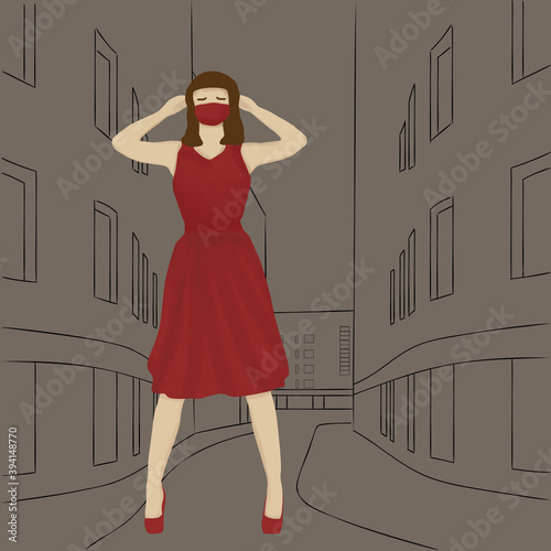 Girl in a red dress stands on the street wearing a mask.