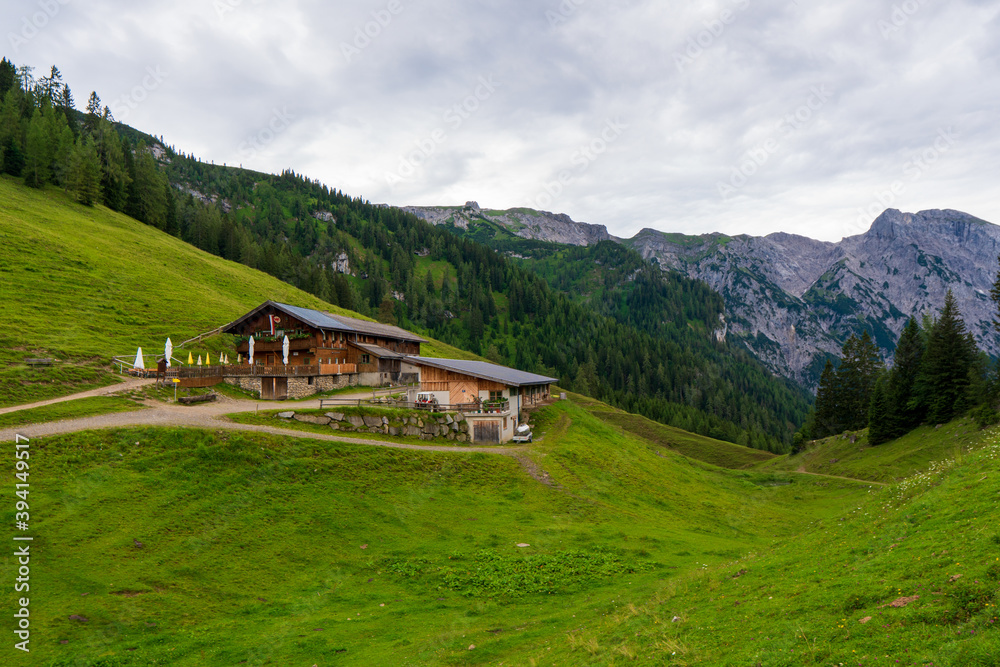 Panoramic view of idyllic mountain scenery in the Alps with traditional mountain chalet and fresh green mountain pastures with blooming flowers on a sunny day with blue sky and clouds in summer