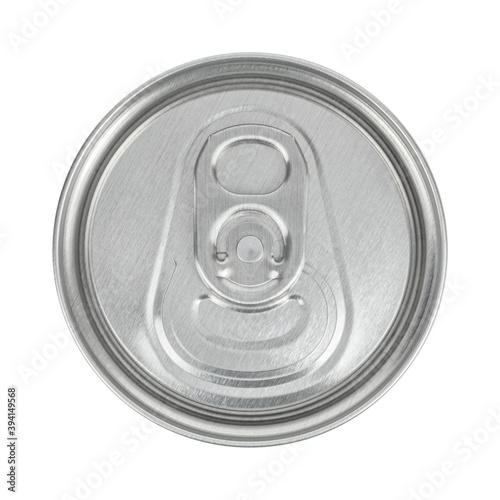 Top view of aluminum can, isolated on white. Closeup shot of the top of a canned drink