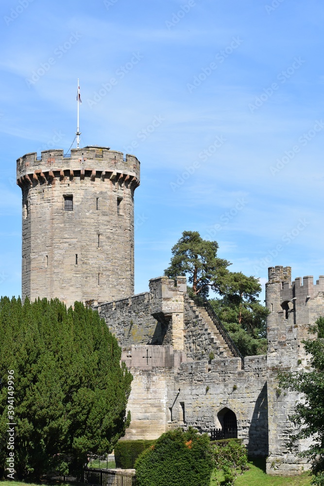 Walls and towers of Warwick Castle in summer, England, UK