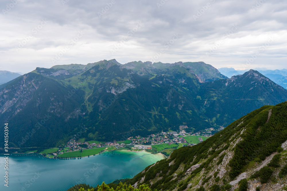 Beautiful alpine far view of the Achensee at the famous Rofan summit, Maurach, Achensee, Pertisau, Tyrol, Austria