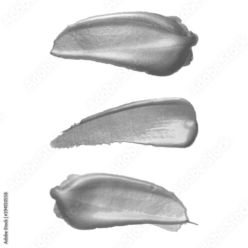 Vector silver metallic paint smear stroke stain set. Make up swatches. Acrylic color texture