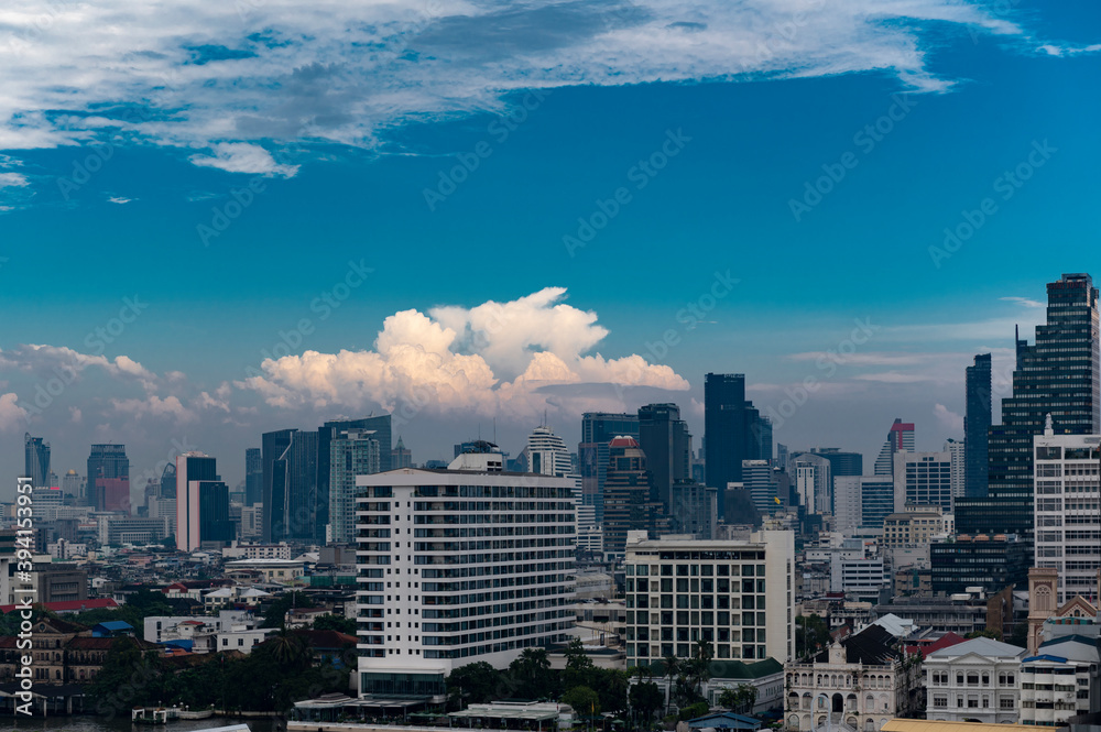 Bangkok city skyline during day time in cool tone.