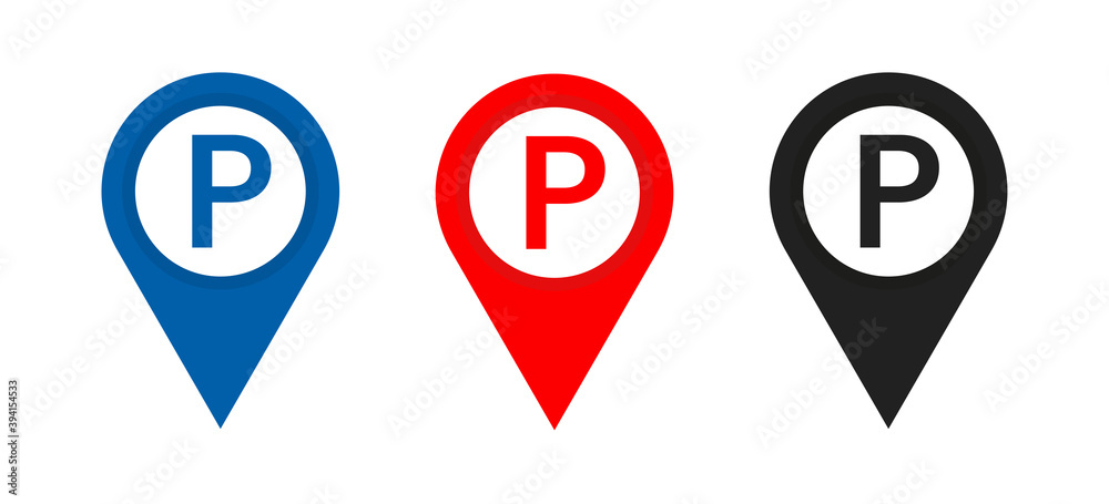 Parking sign icon . Set of Map parking pointer . Illustration on white background . Parking place or zone . GPS pins . Parking sign icon . Set of Map parking pointer . Illustration on white background . Parking place or zone . GPS pins .