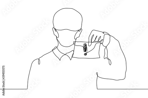 masked man is holding a sheet of paper with a large exclamation mark on it. one line drawing concept of caution, attention grabbing, important announcement