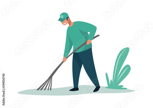 Man cleaning garbage. Cartoon male with rake. Smile activist in uniform working outdoors. Debris removal. Volunteer collecting rubbish in field. Pollution or environmental problem, vector illustration