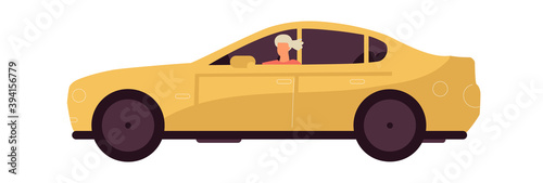 Woman rides car. Modern yellow transport. Cartoon young female driving vehicle. Isolated personal auto for moving around city or traveling by automobile. Vector urban transportation illustration