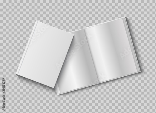 Two realistic books with blank hard cover. 3d mock up open and closed diary on transparent background, presentation and advertising empty paper white sheets template vector isolated illustration