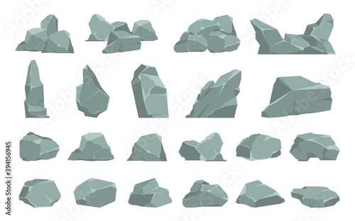 Cartoon stones. Heavy gray boulder. Rough solid natural material. Single or compositions of cobbles. Isolated debris or garden decoration. Geological research. Vector pieces of mountains flat set