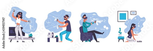 Virtual reality. Cartoon young men and women wearing smart goggles and playing in games with augmented VR. Cyber entertainment technologies isolated concept. Vector digital visual simulation set