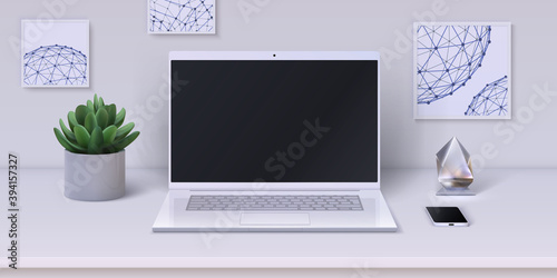 Workspace. Realistic desktop with modern devices and office stationery. Home workplace mockup. Phone and laptop on table decorated with room flower, statuette and pictures on wall. Vector interior
