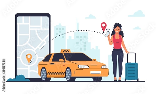 Taxi order. Vehicle rent and car sharing, cab service concept. Cartoon woman calls taxicab through mobile application. City landscape, map at phone screen. Yellow auto and vector female with luggage