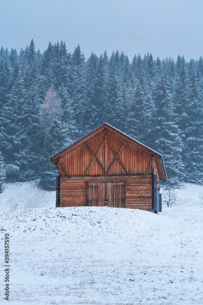Snowing in autumn, Corvara in Badia, Dolomites, Unesco World Heritage Site, Italy, Europe