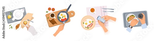 Serving dishes. Top view of cartoon table with people hands and morning meal. Full plates of food and cups with tea or coffee. Eating in cafe or at home. Vector restaurant menu decoration template set