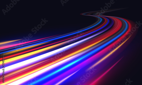 Light trails. Blurred car light motion effect, city road background with long exposure night lights with dynamic flashlight red and blue colors on black. Vector fast highway traffic trail background