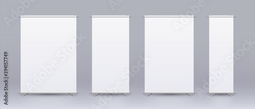 Standee banner mockup. Realistic exhibition blank display. White roll up billboard with place for text, corporate logo and shop advertising. Vector isolated narrow and wide vertical placards set