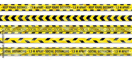 Distance warning tape. Social distancing yellow and black seamless ribbon. Floor markers for shops and public areas. Attention stickers for restrictions place of accident. Vector pandemic safety set