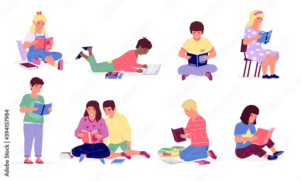 Kids read books. Children studying at school or home, cartoon happy boys and girls learning lying or sitting on chair and floor. Leisure pastime and education. Young people with literature, vector set