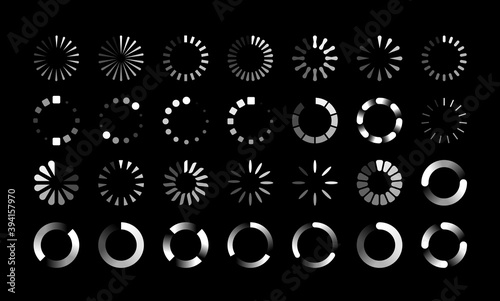 Round progress bars. Countdown circle icon, round upload, reboot and loading symbols. Collection of buffering and data transfer process signs. White web marks on black background, vector download set photo