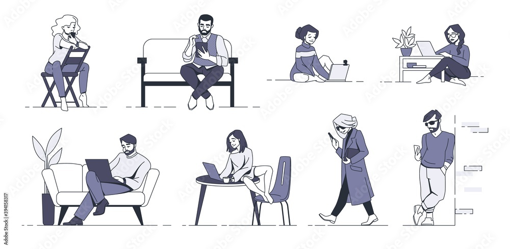 People with gadgets. Cartoon men and women using phones or laptops for work and entertainment. Cute human surfing internet at home or outdoor. Online chatting and messaging. Vector black and white set