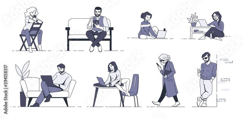 People with gadgets. Cartoon men and women using phones or laptops for work and entertainment. Cute human surfing internet at home or outdoor. Online chatting and messaging. Vector black and white set