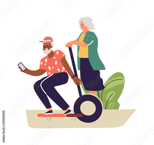 Older people lead active lifestyle. Old woman on segway and senior man on skateboard. Isolated happy retired people. Leisure pastime in park or moving around city. Vector elderly couple illustration