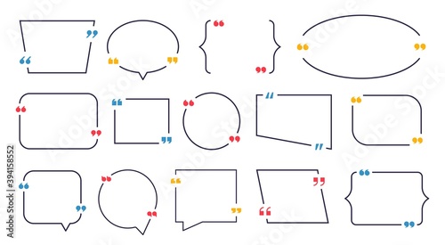 Texting box set. Quote text simple info boxes. Bubble quotation comment message black borders with colorful signs. Outline forms for text, idea frame with copy space, vector speech citation balloons