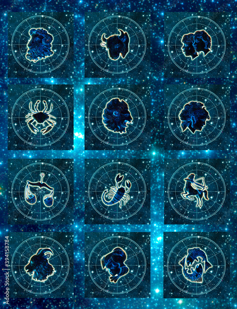 Naklejka premium tvelve zodiac signs with symbols in horoscope with stars like astrology background Aries, Taurus, Gemini, Cancer, Lion, Leo, Virgi, Libra, Scorpion, Scorpio, Sagittarius, Capricorn, Aquarius, Pisces