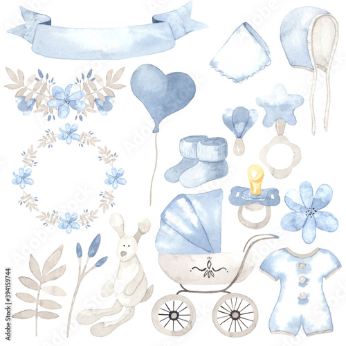 Cute watercolor set for a newborn baby boy. Perfect for printing, web, textile design, greeting scrapbook paper, souvenirs and other creative projects.