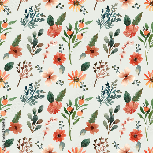  Seamless Watercolor Pattern With Small Terracotta Flower and Leaf