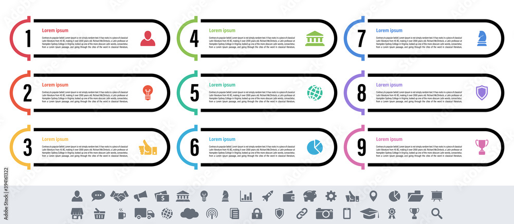 Infographic design business concept vector illustration with 9 steps or options or processes represent work flow or diagram or web button banner Infographic design business concept vector illustration with 9 steps or options or processes represent work flow or diagram or web button banner