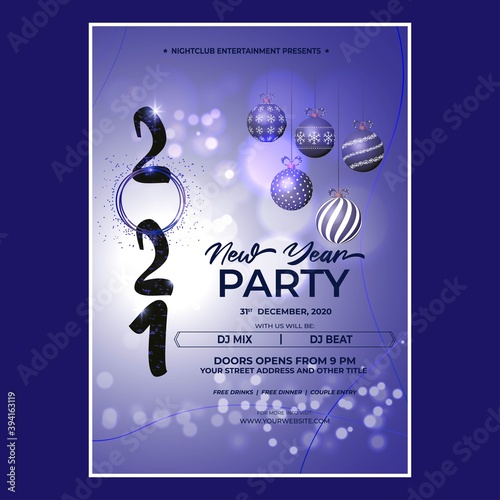 Vector illustration of New Year 2021 party invitation poster with beautiful bokeh background, New year DJ party poster , flyer, big party, free drinks & food, dj night, disco night