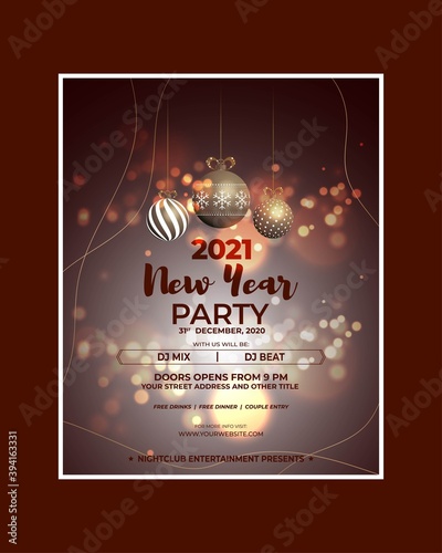 Vector illustration of New Year 2021 party invitation poster with beautiful bokeh background, New year DJ party poster , flyer, big party, free drinks & food, dj night, disco night