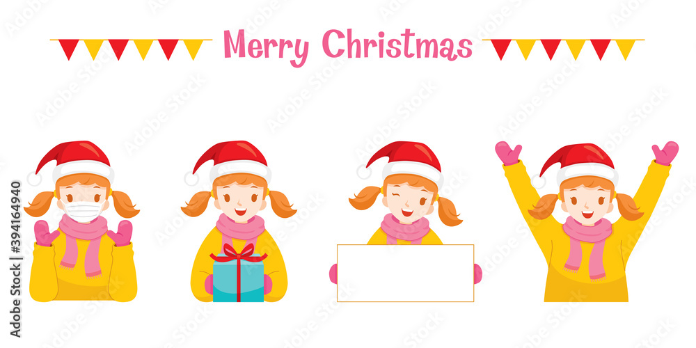 Merry Christmas, Girl In Winter Coat With Various Actions Merry Christmas, Girl In Winter Coat With Various Actions