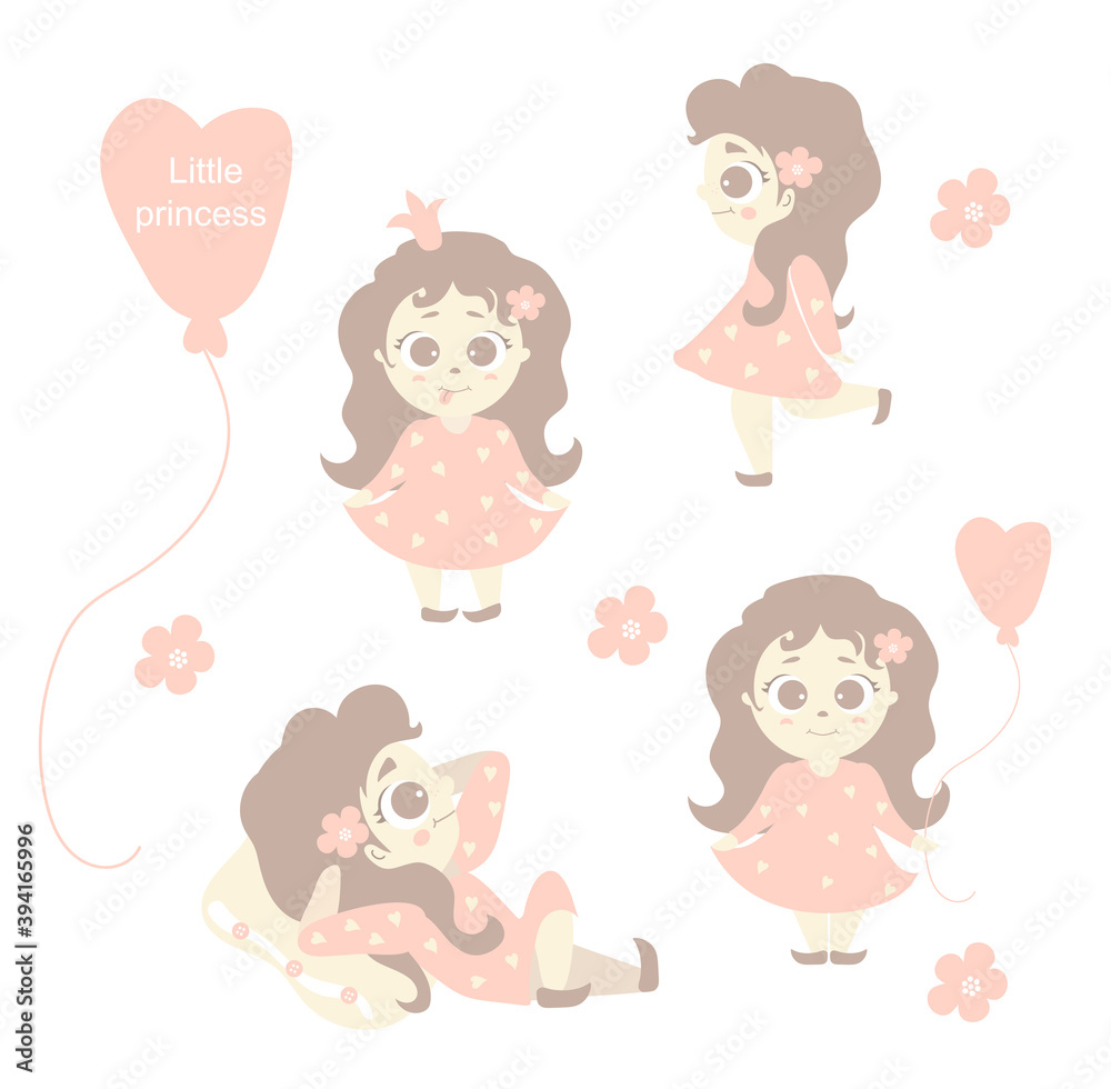 Little Princess. Set - a cute little girl with her tongue out, teasing, lying on a pillow, standing with a balloon, jumping on one leg. Vector illustration. Kids collection, childrens concept 