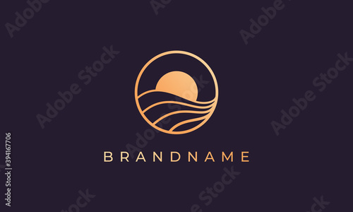 Minimalist and modern luxury line gold logo design of sea water wave and sun in a circle