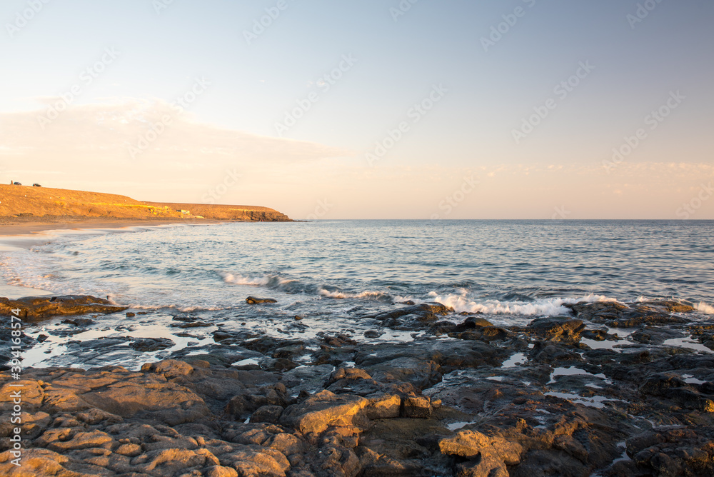 Sunset in the Atlantic Sea on the Island of Fuerteventura in Spain
