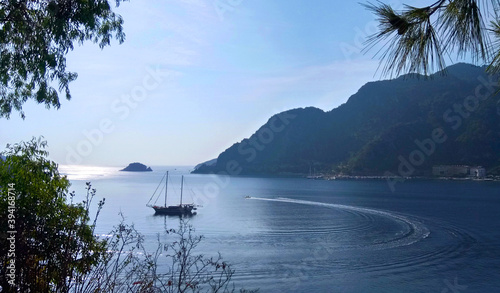 Mountains and the boat from icmeler in Marmaris, Turkey. Mobile photo