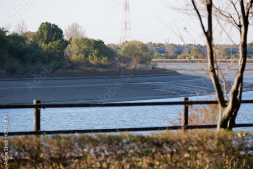 川のある公園の紅葉